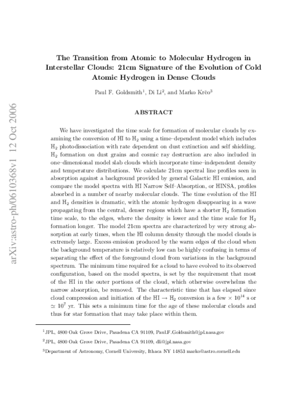 (PDF) The Transition from Atomic to Molecular Hydrogen in Interstellar ...