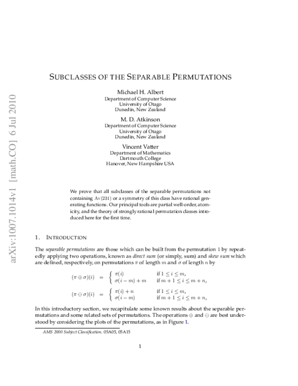 (PDF) Subclasses of the separable permutations