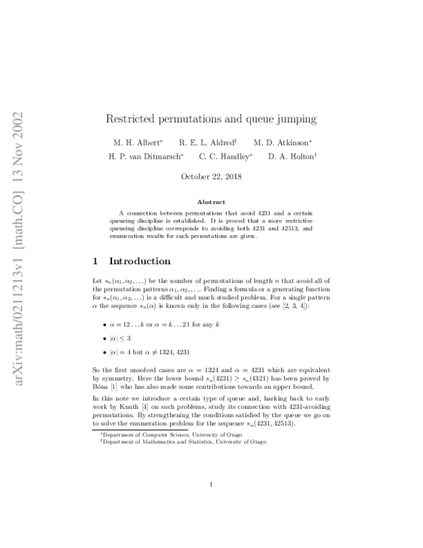 (PDF) Restricted permutations and queue jumping