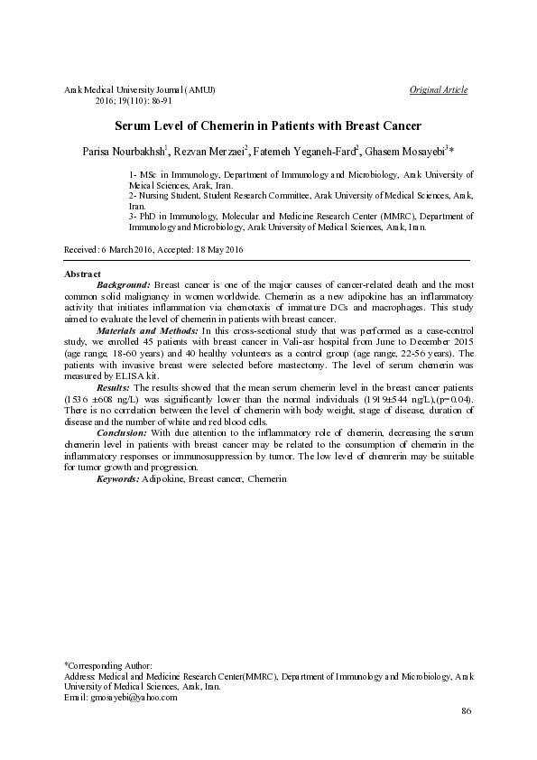 (PDF) Serum Level of Chemerin in Patients with Breast Cancer