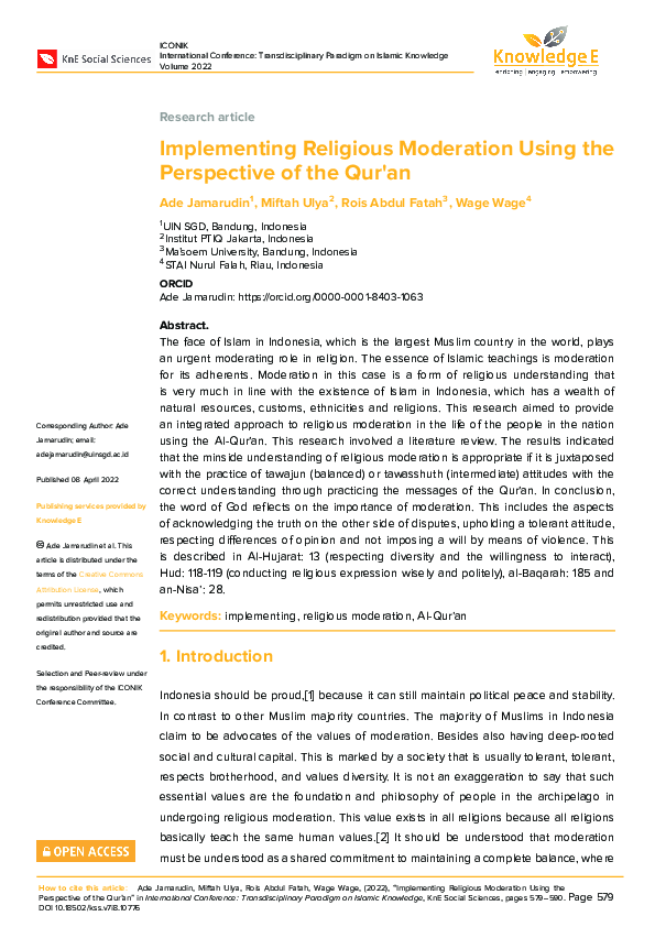 (PDF) Implementing Religious Moderation Using the Perspective of the Qur'an