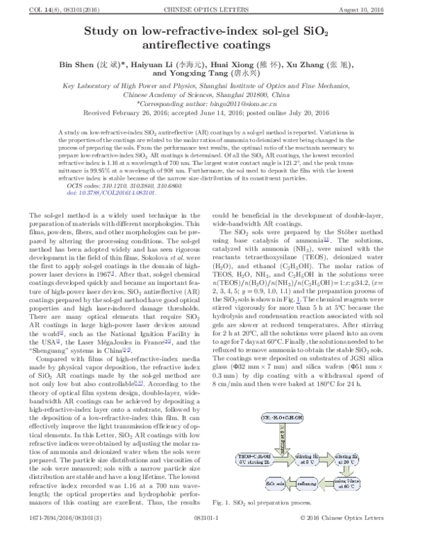 (PDF) Study on low-refractive-index sol-gel SiO2 antireflective coatings