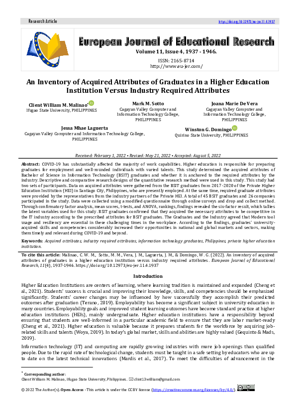 (PDF) An Inventory of Acquired Attributes of Graduates in a Higher ...