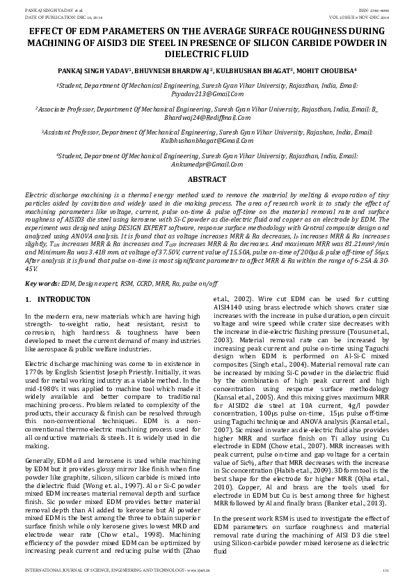 (PDF) Effect of Edm Parameters on the Average Surface Roughness During ...