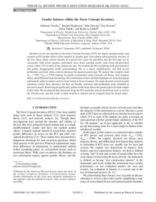 (PDF) Gender fairness within the Force Concept Inventory