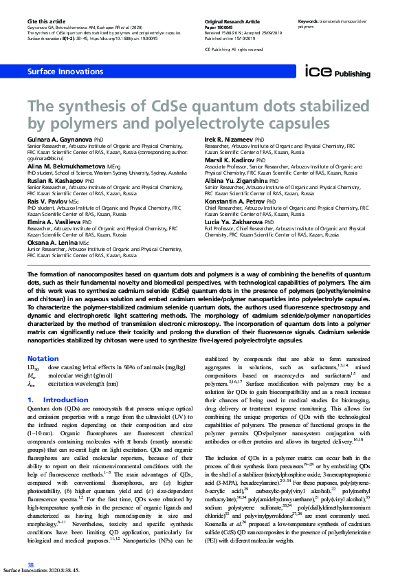 (PDF) The synthesis of CdSe quantum dots stabilized by polymers and ...