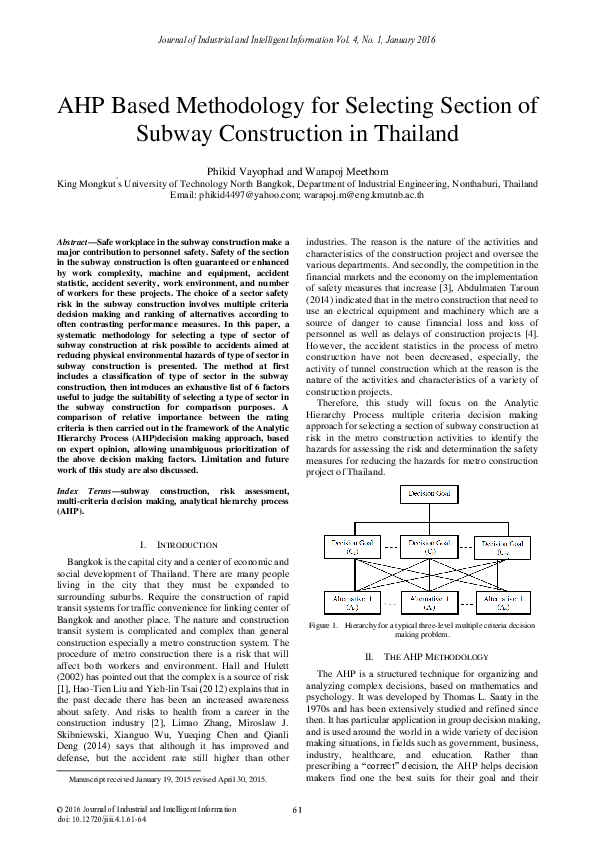(PDF) AHP Based Methodology for Selecting Section of Subway ...
