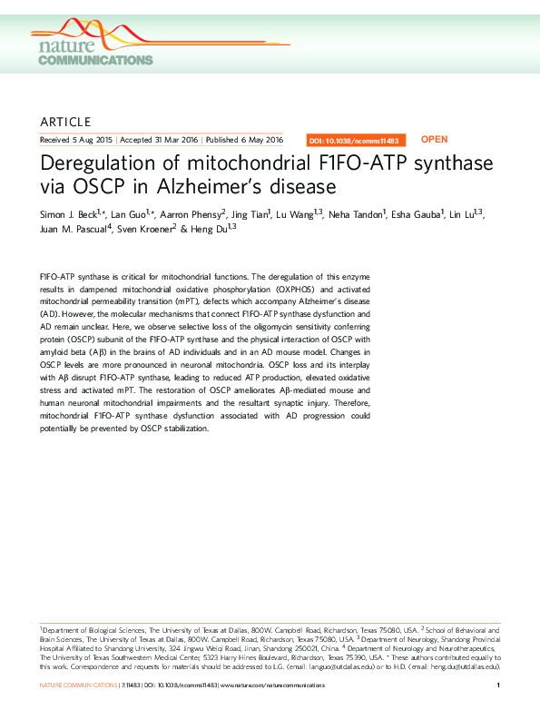 (PDF) Deregulation of mitochondrial F1FO-ATP synthase via OSCP in ...