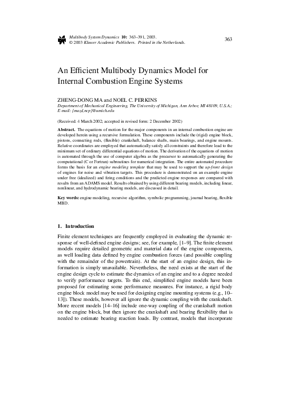 (PDF) An Efficient Multibody Dynamics Model for Internal Combustion ...