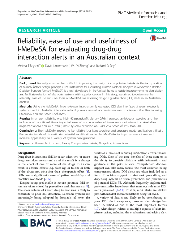 Reliability, ease of use and usefulness of I-MeDeSA for evaluating drug-drug interaction alerts in an Australian context