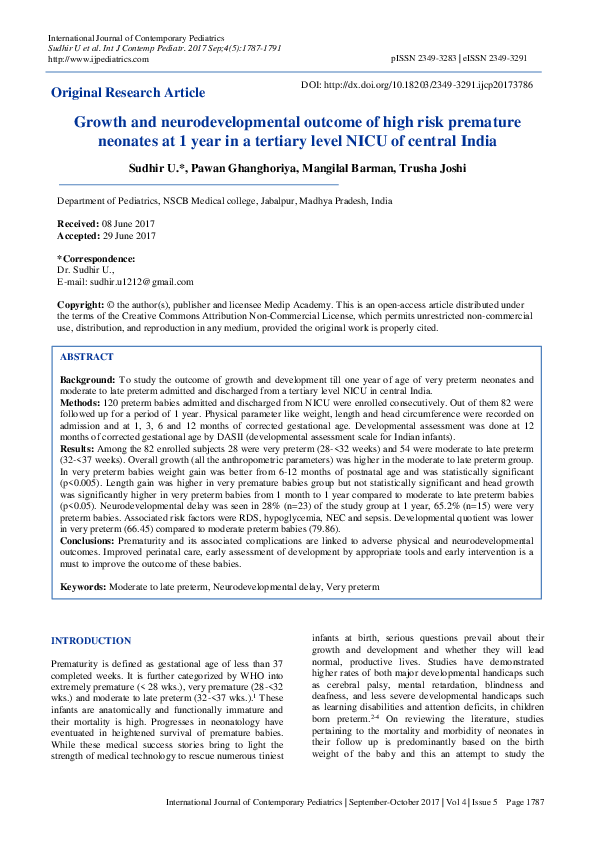 (PDF) Growth and neurodevelopmental outcome of high risk premature ...