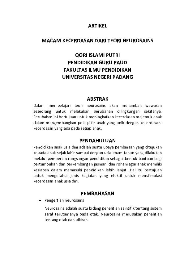 Qori Islami Putri Tugas Artikel Neurosains