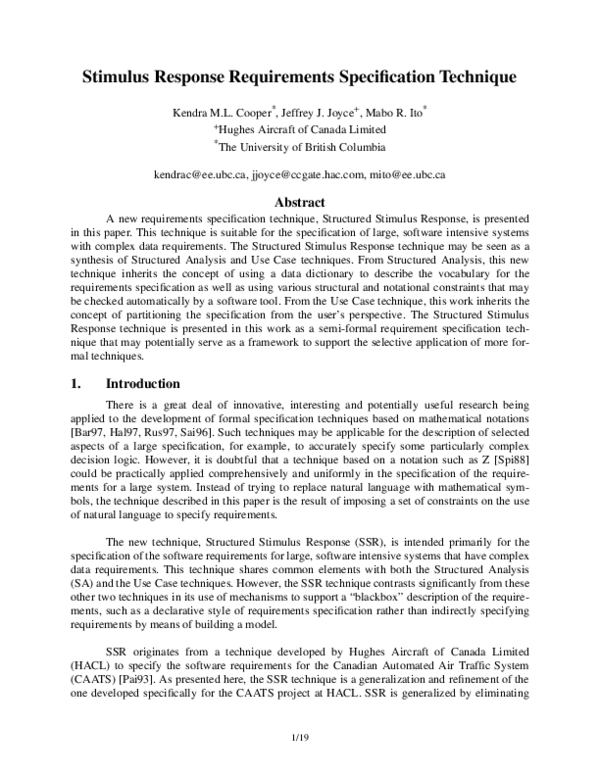 (PDF) Stimulus Response Requirements Specification Technique