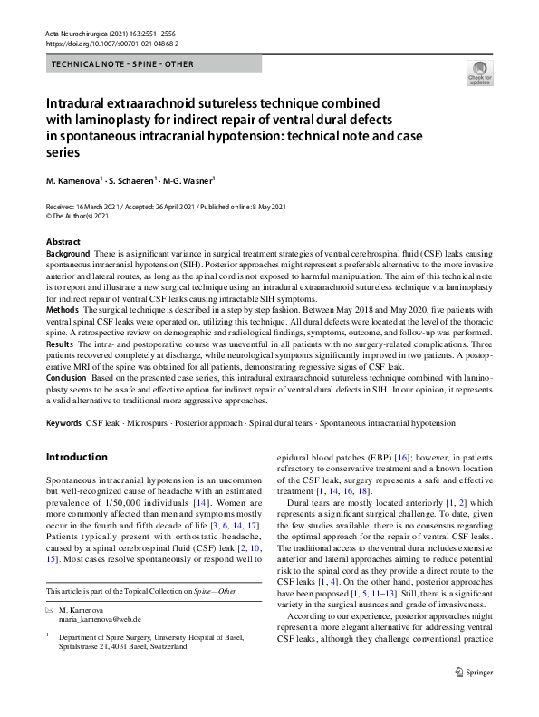 (PDF) Intradural extraarachnoid sutureless technique combined with ...