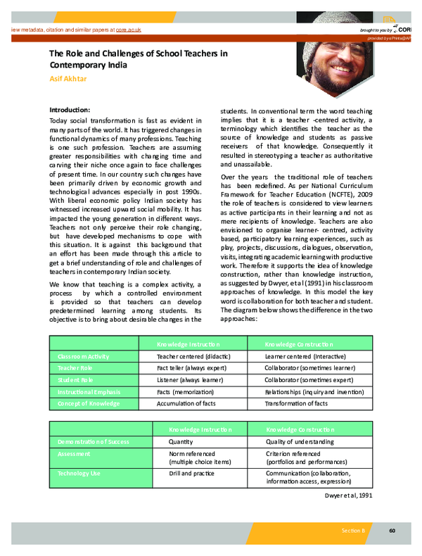 (PDF) The role and challenges of school teachers in contemporary India
