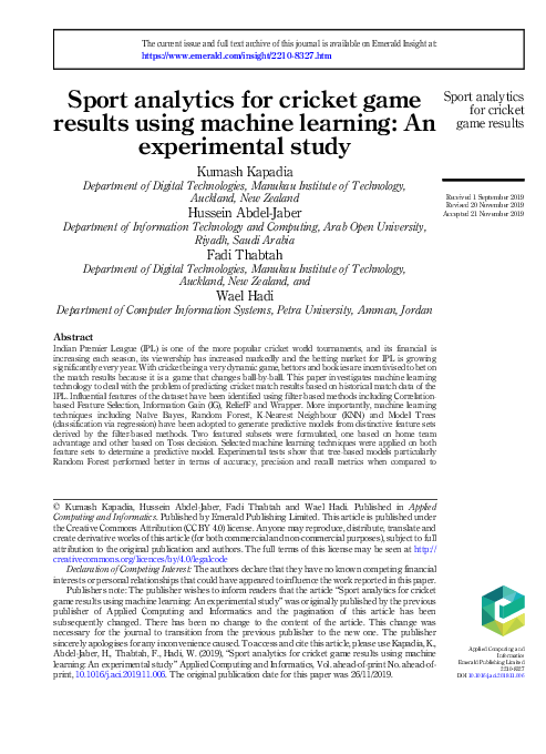 (PDF) Sport analytics for cricket game results using machine learning ...