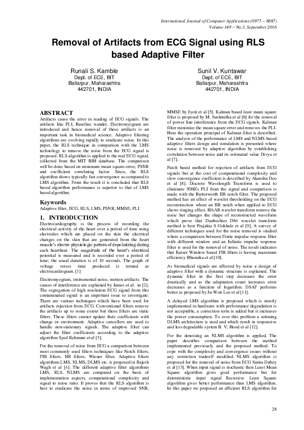 (PDF) Removal of Artifacts from ECG Signal using RLS based Adaptive Filter