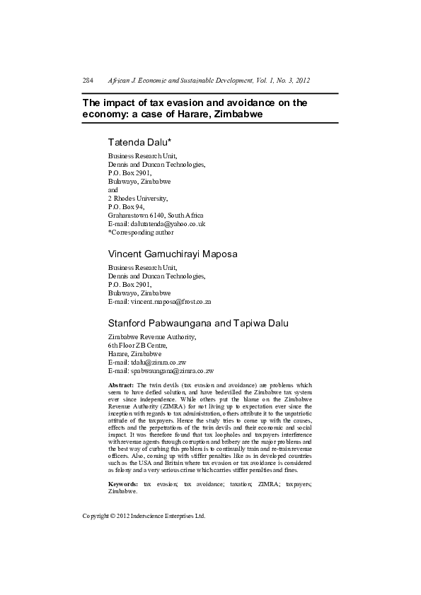 (PDF) The impact of tax evasion and avoidance on the economy a case of
