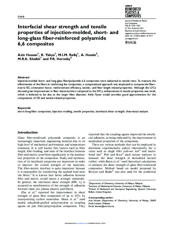 (PDF) Interfacial shear strength and tensile properties of injection ...