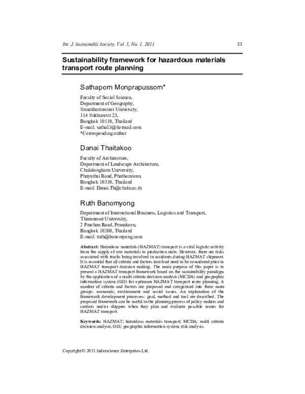(PDF) Sustainability framework for hazardous materials transport route ...