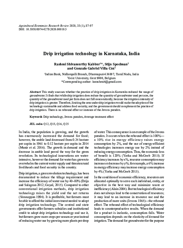(PDF) Drip irrigation technology in Karnataka, India Rashmi Rashu