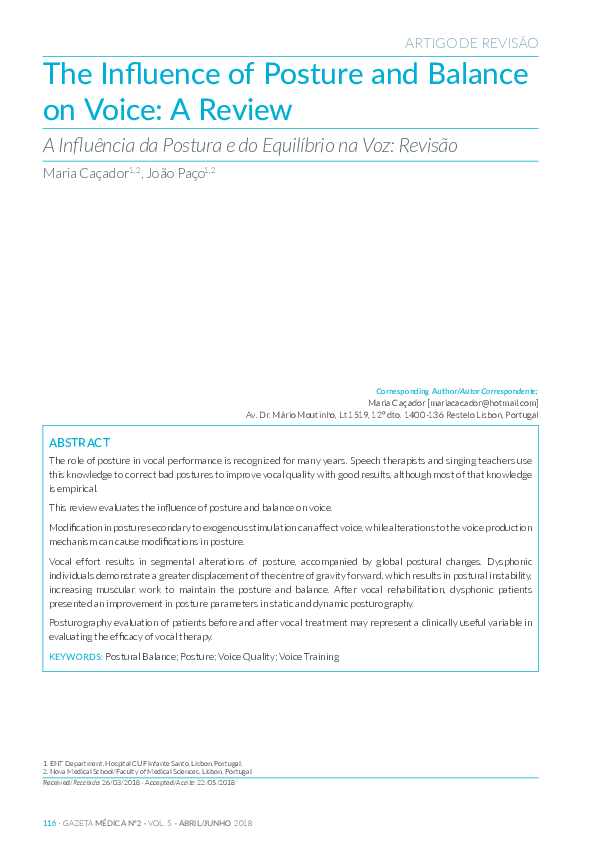 (PDF) The Influence of Posture and Balance on Voice: A Review