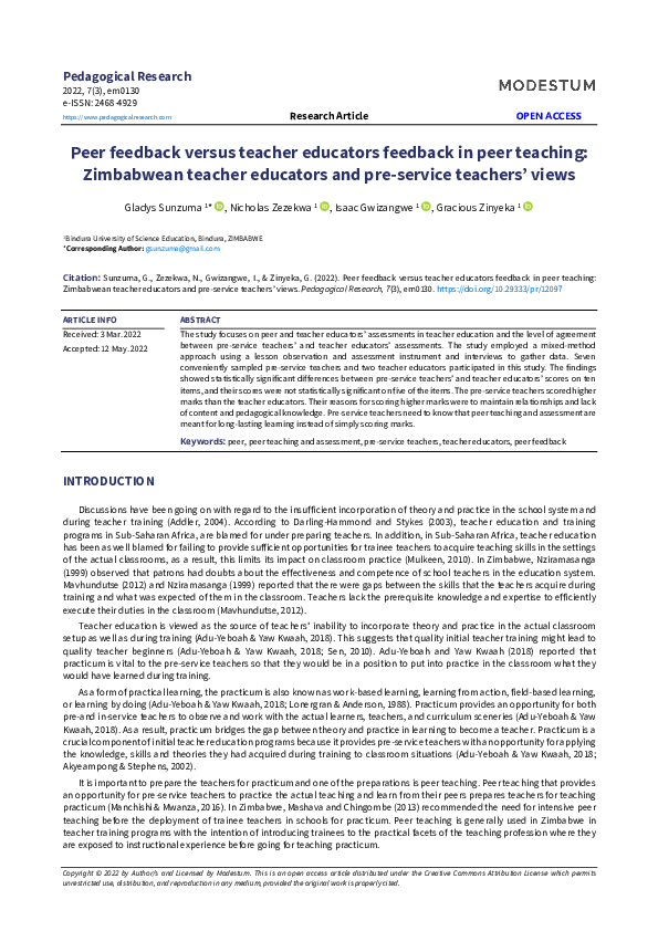 (PDF) Peer feedback versus teacher educators feedback in peer teaching ...