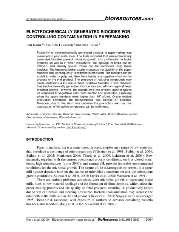 (PDF) Electrochemically Generated Biocides for Controlling Contamination in Papermaking Irina