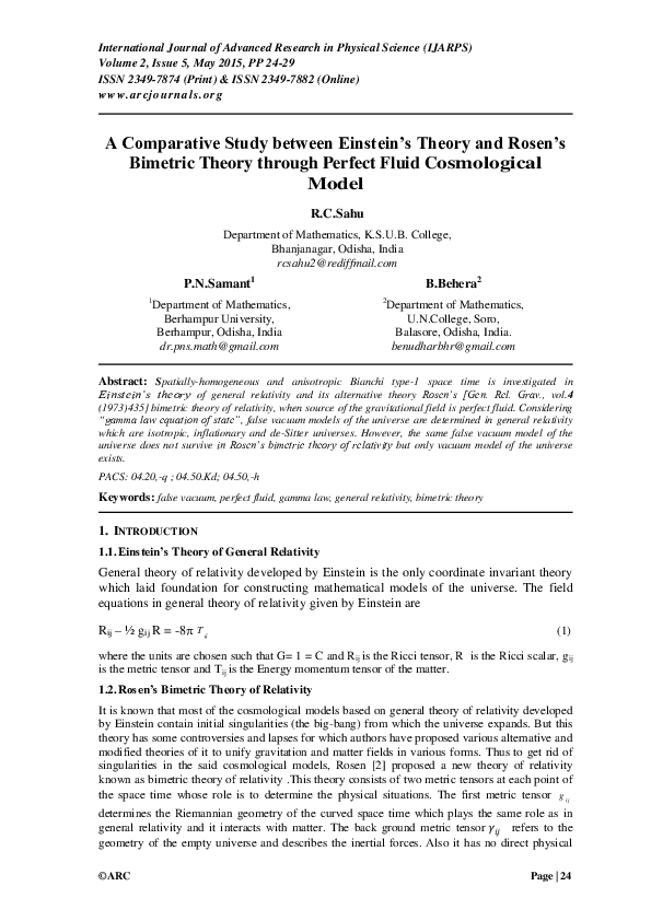 (PDF) A Comparative Study between Einstein ’ s Theory and Rosen ’ s ...