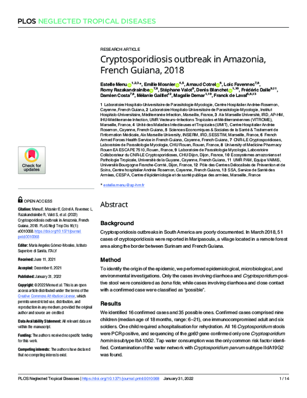 (PDF) Cryptosporidiosis outbreak in Amazonia, French Guiana, 2018