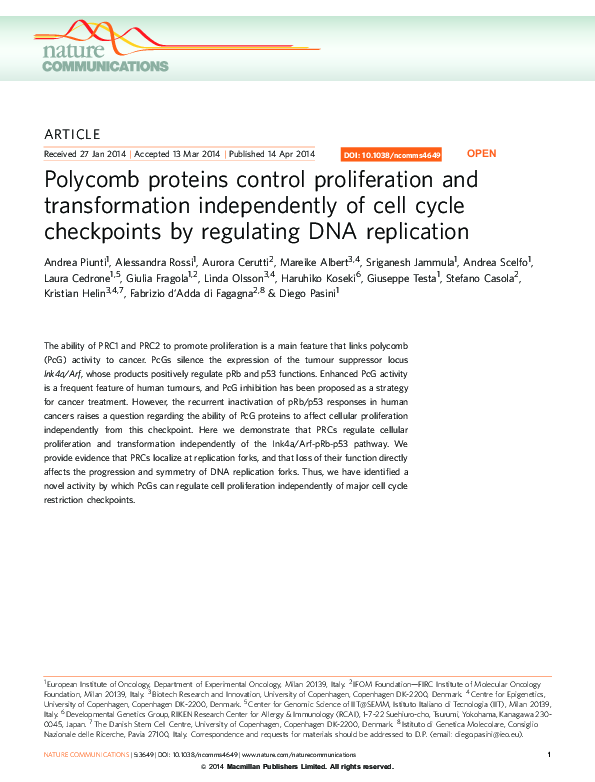 (PDF) Polycomb proteins control proliferation and transformation ...