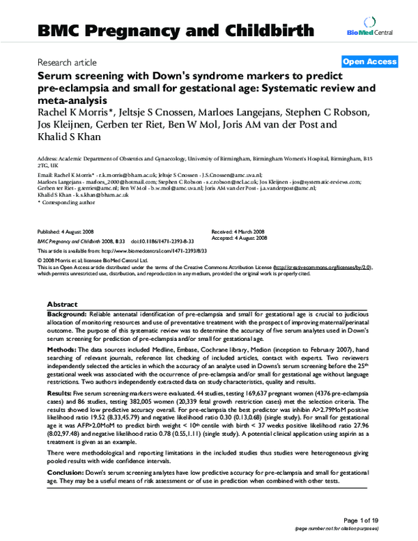 (PDF) Serum screening with Down's syndrome markers to predict pre
