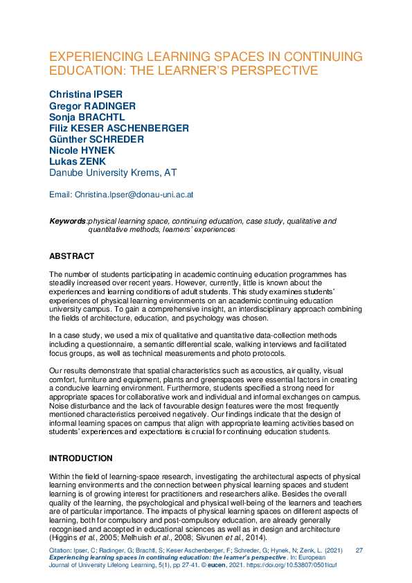(PDF) Experiencing learning spaces in continuing education: the learner ...