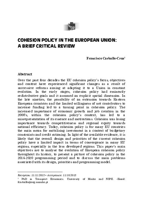 (PDF) Cohesion Policy in the European Union: A Brief Critical Review