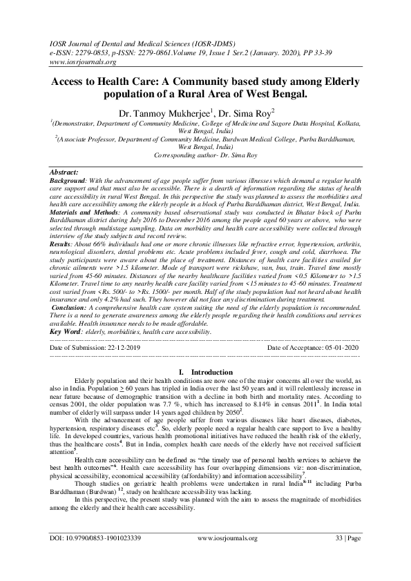 (PDF) Access to Health Care: A Community based study among Elderly ...