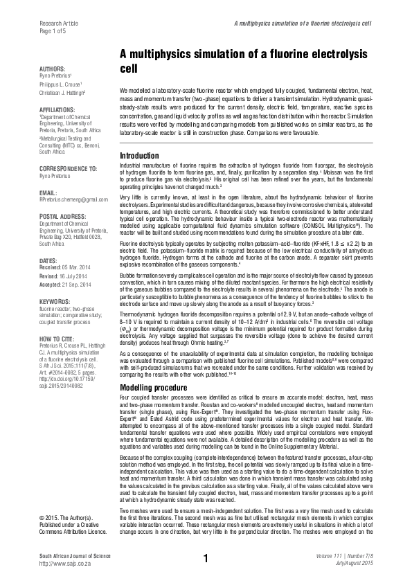 (PDF) A multiphysics simulation of a fluorine electrolysis cell