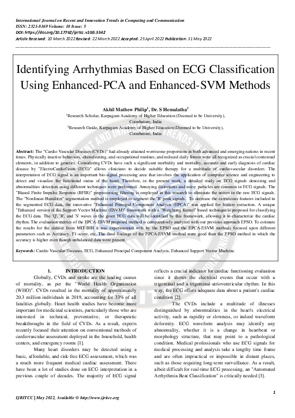 (PDF) Identifying Arrhythmias Based on ECG Classification Using ...
