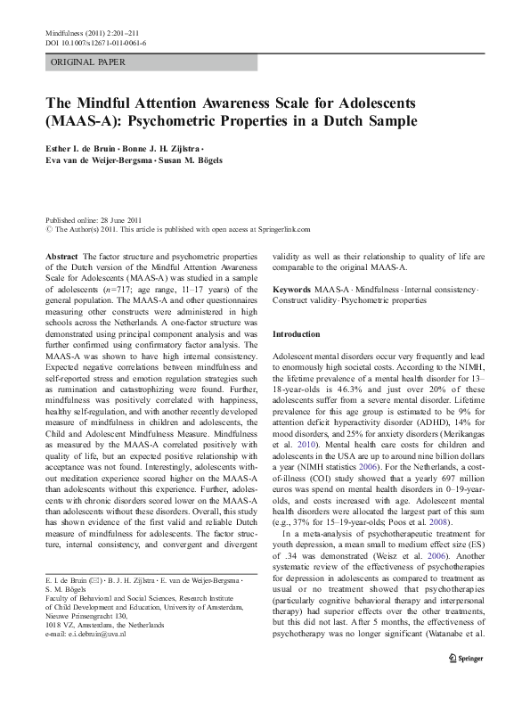 (PDF) The Mindful Attention Awareness Scale for Adolescents (MAAS-A ...