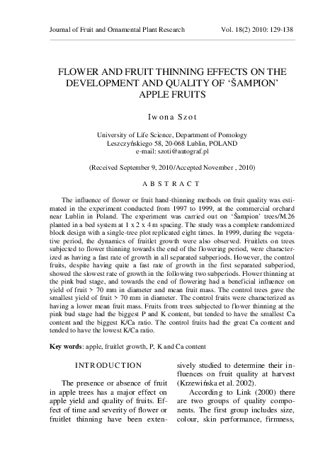 (PDF) Flower and Fruit Thinning Effects on the Development and Quality ...
