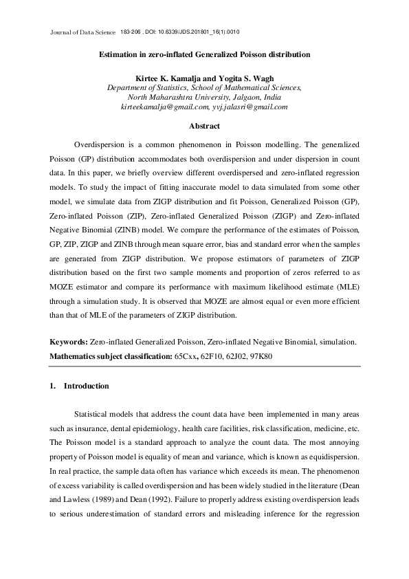 (PDF) Estimation in zero-inflated Generalized Poisson distribution