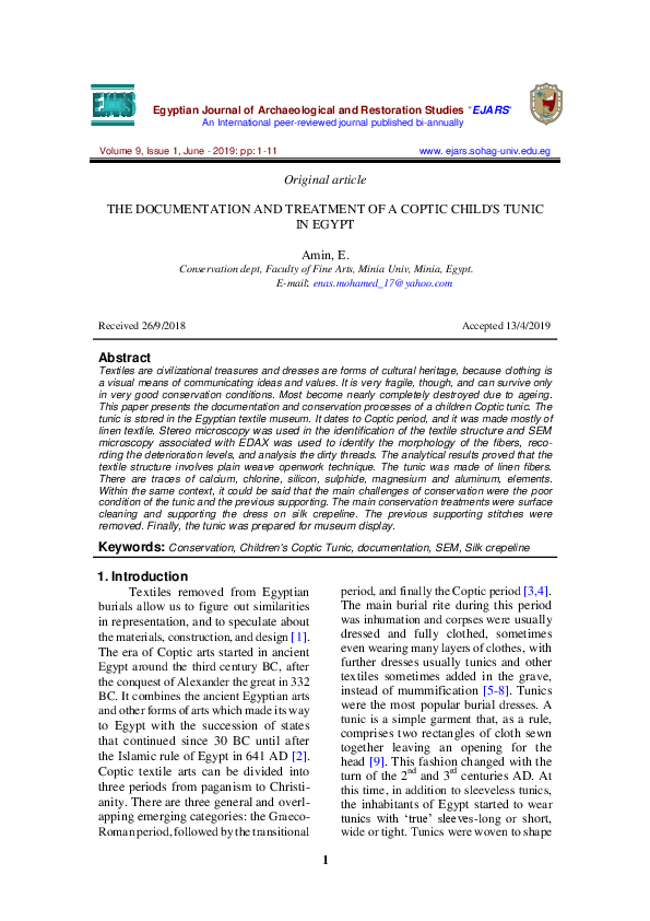 (PDF) The Documentation and Treatment of a Coptic Child's Tunic in Egypt