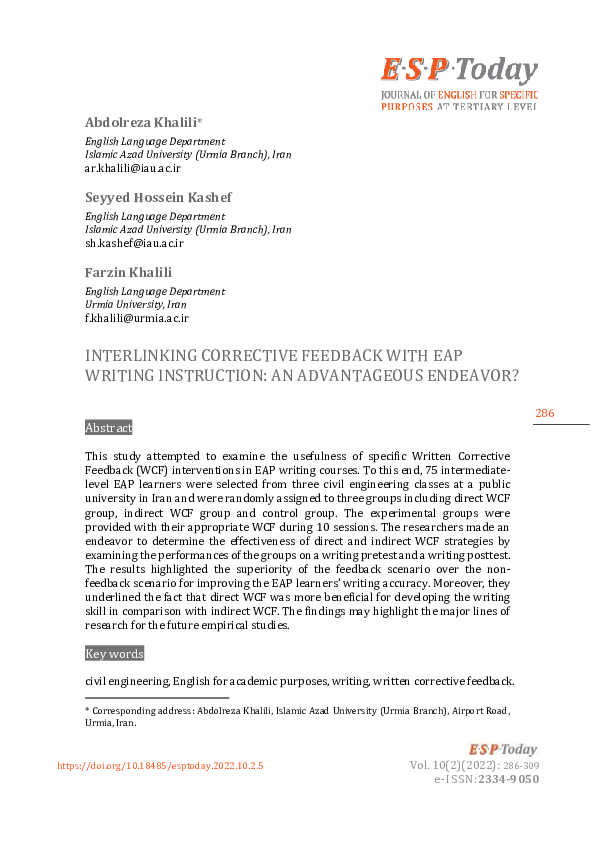 (PDF) INTERLINKING CORRECTIVE FEEDBACK WITH EAP WRITING INSTRUCTION: AN ...