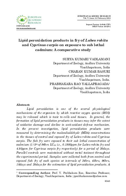 (PDF) Lipid peroxidation products in fry of Labeo rohita and Cyprinus ...