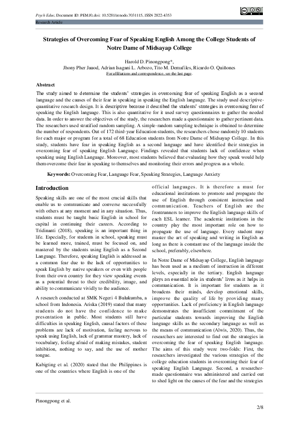 (PDF) Strategies of Overcoming Fear of Speaking English Among the ...