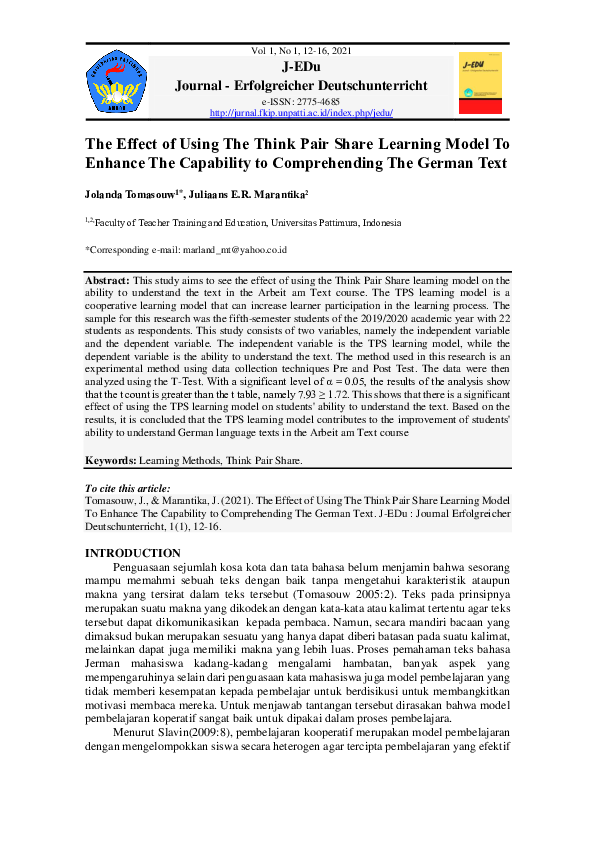 (PDF) The Effect of Using The Think Pair Share Learning Model To ...