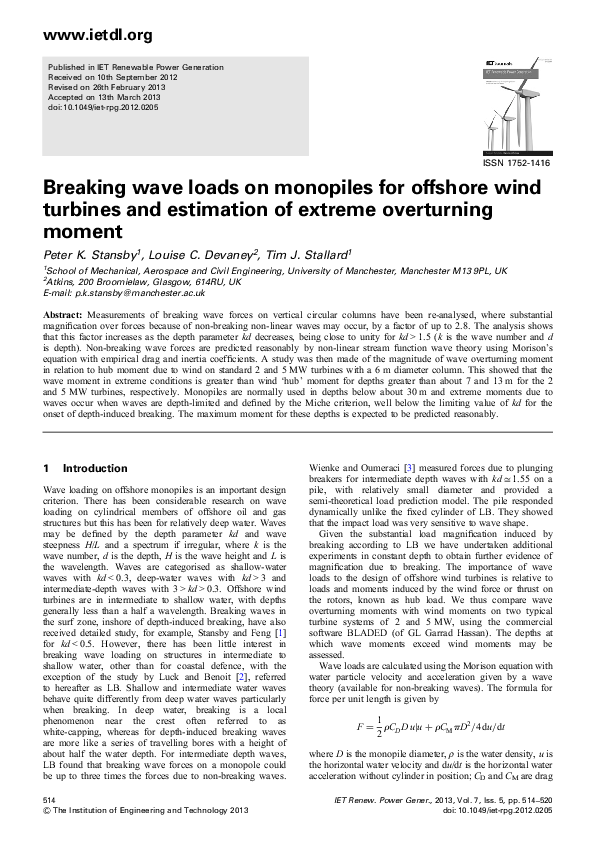 (PDF) Breaking wave loads on monopiles for offshore wind turbines and ...
