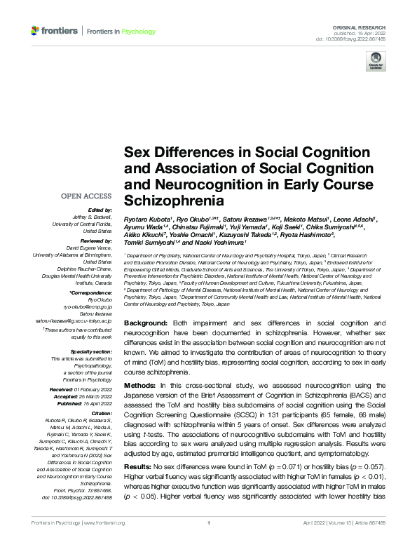 (PDF) Sex Differences in Social Cognition and Association of Social ...