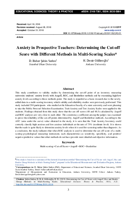 (PDF) Anxiety in Prospective Teachers: Determining the Cut-off Score ...