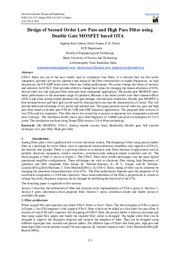 (PDF) Design of Second Order Low Pass and High Pass Filter using Double ...