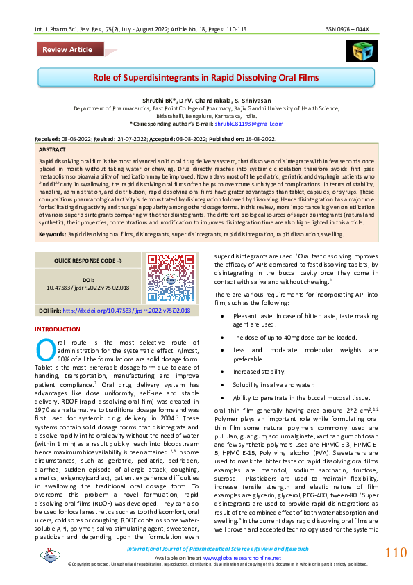 (PDF) Role of super disintegrants in rapid dissolving oral thin film